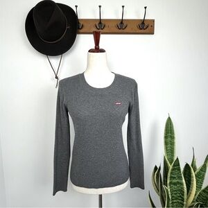Levi Long Sleeve Heavyweight Ribbed Sweater. Grey Red Tab. Small